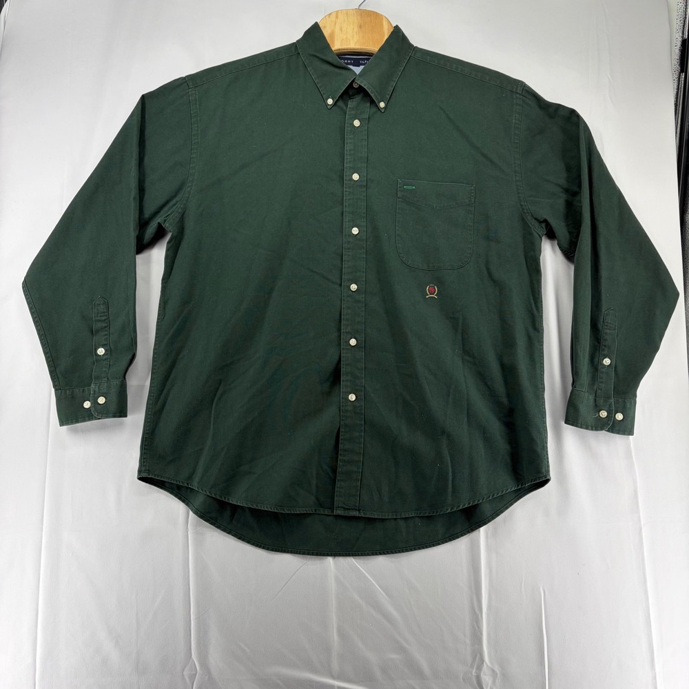 Tommy Hilfiger Mens XL Forest Green Cotton Canvas Button Down Shirt Crest Logo